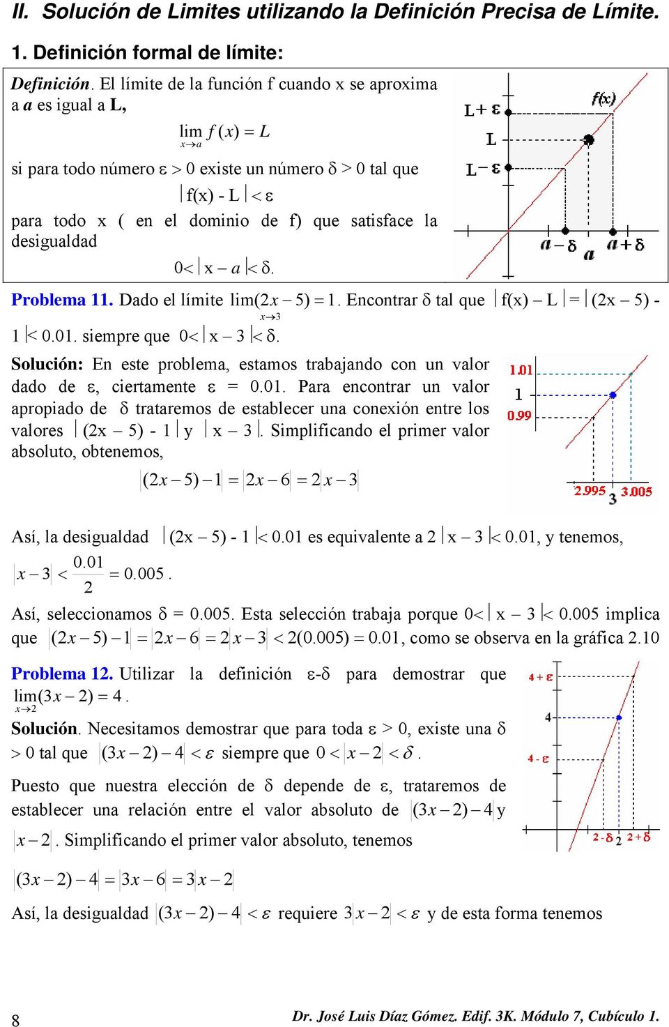 desigualdad 0< a < δ. Problema. Dado el límite ( 5). Encontrar δ tal que f() L ( 5) - < 0.0. siempre que 0< < δ. Solución: En este problema, estamos trabajando con un valor dado de ε, ciertamente ε 0.