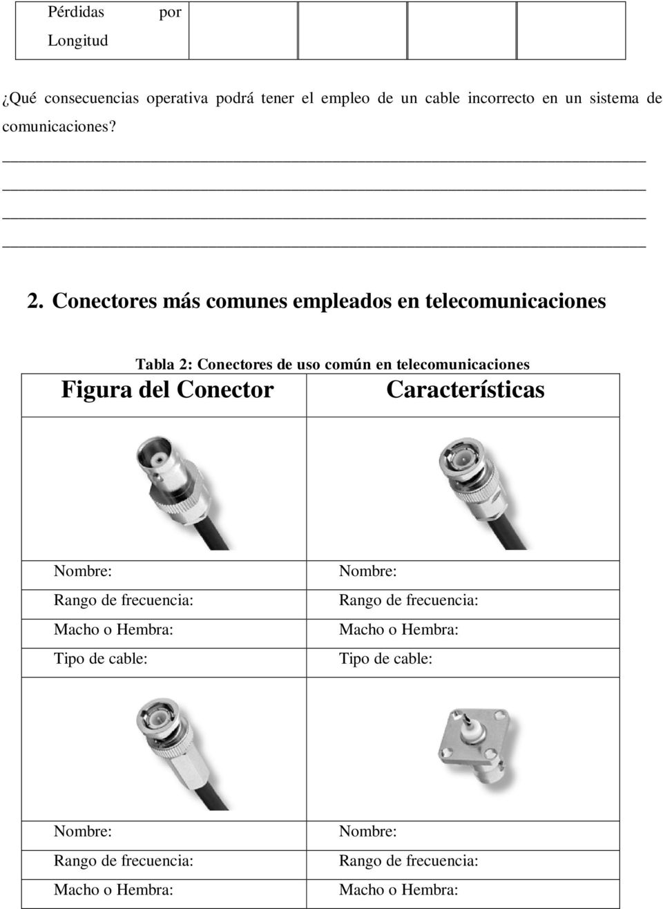 Conectores más comunes empleados en telecomunicaciones Tabla 2: