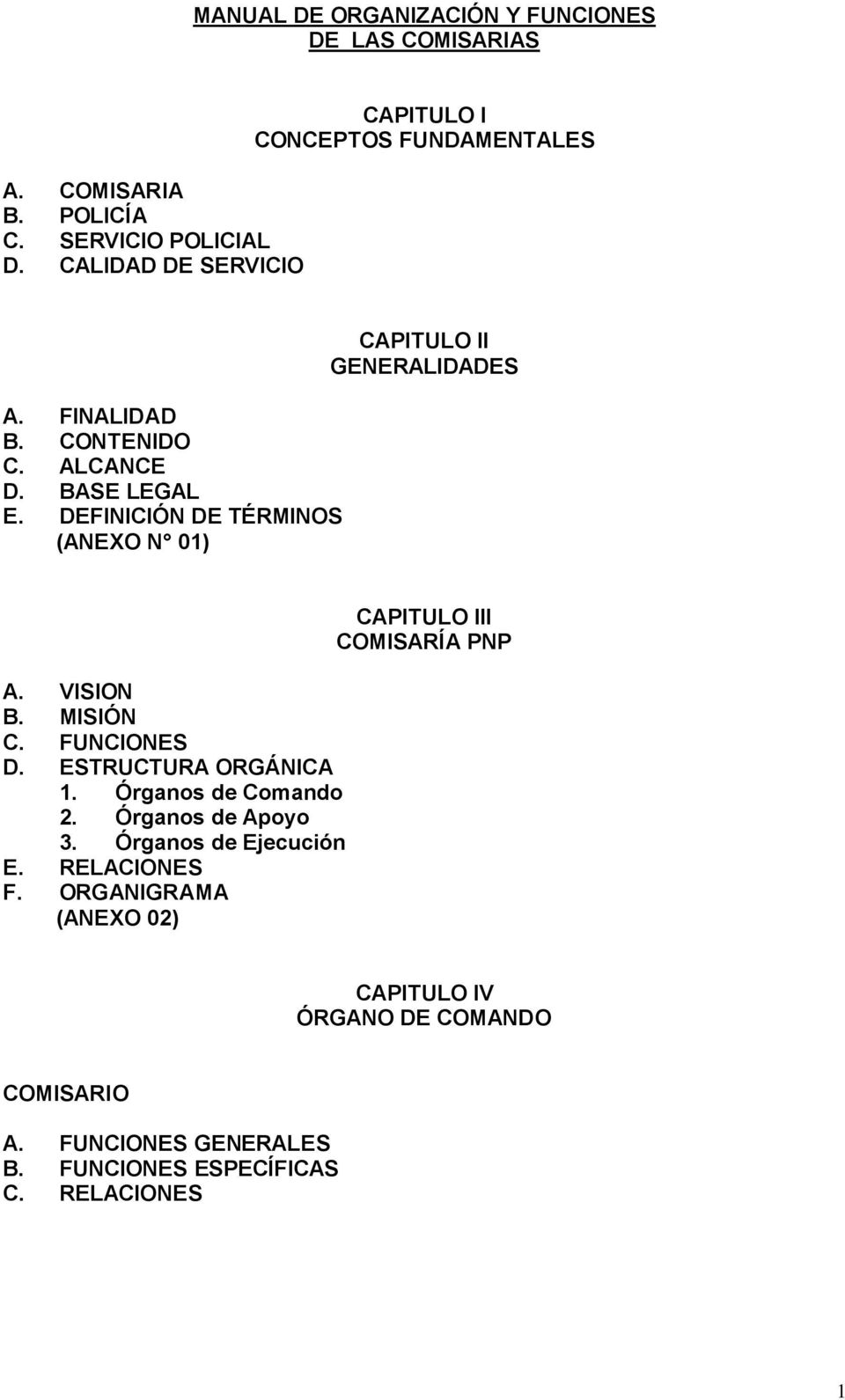 DEFINICIÓN DE TÉRMINOS (ANEXO N 01) CAPITULO II GENERALIDADES A. VISION B. MISIÓN C. FUNCIONES D. ESTRUCTURA ORGÁNICA 1.