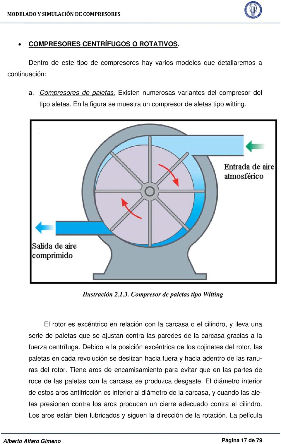 Compresor de paletas tipo Witting El rotor es excéntrico en relación con la carcasa o el cilindro, y lleva una serie de paletas que se ajustan contra las paredes de la carcasa gracias a la fuerza
