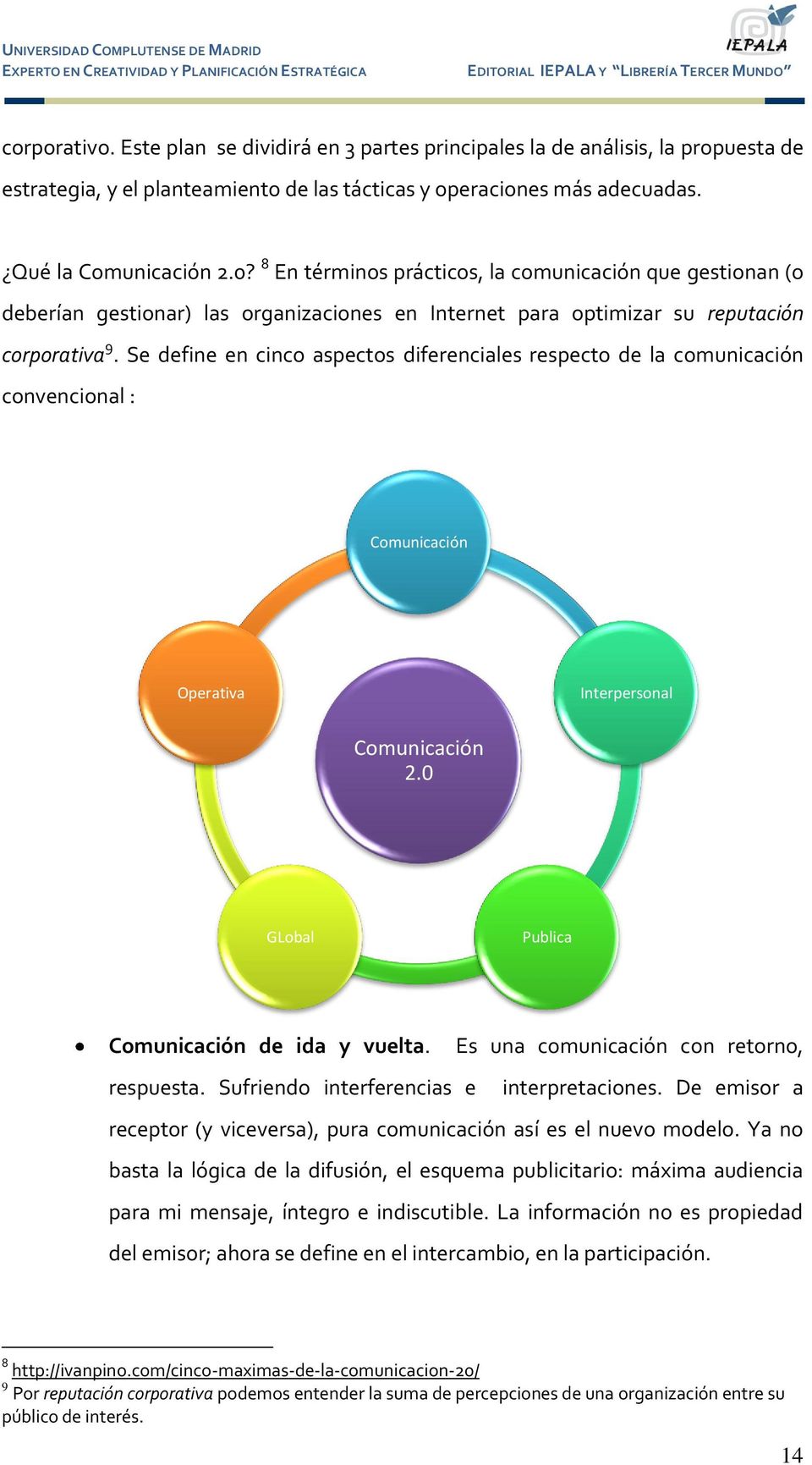 Se define en cinco aspectos diferenciales respecto de la comunicación convencional : Comunicación Operativa Interpersonal Comunicación 2.0 GLobal Publica Comunicación de ida y vuelta.