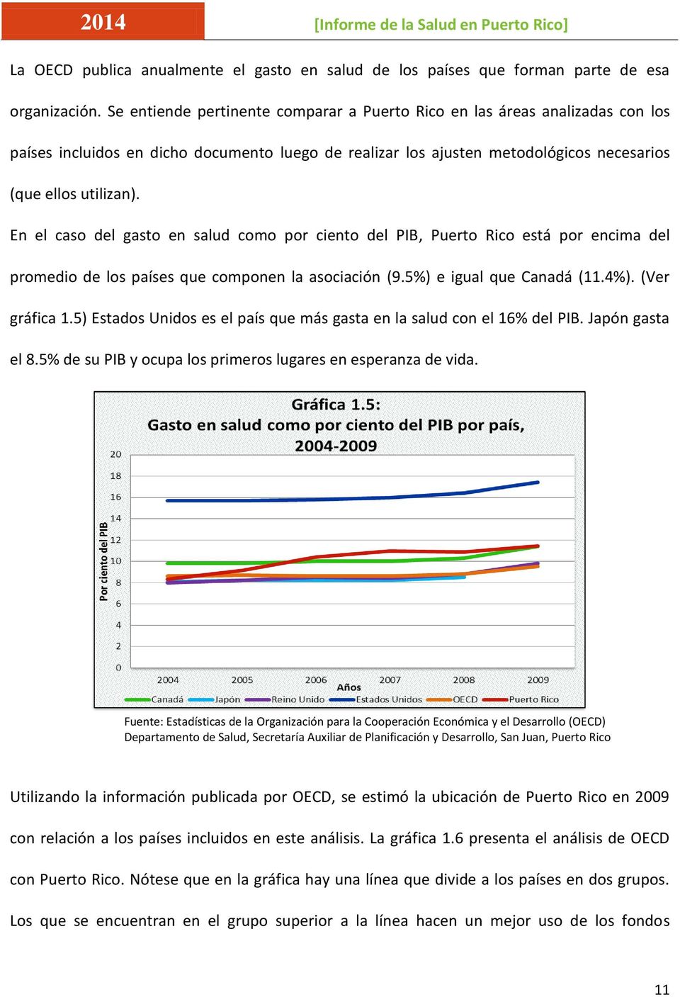 En el caso del gasto en salud como por ciento del PIB, Puerto Rico está por encima del promedio de los países que componen la asociación (9.5%) e igual que Canadá (11.4%). (Ver gráfica 1.