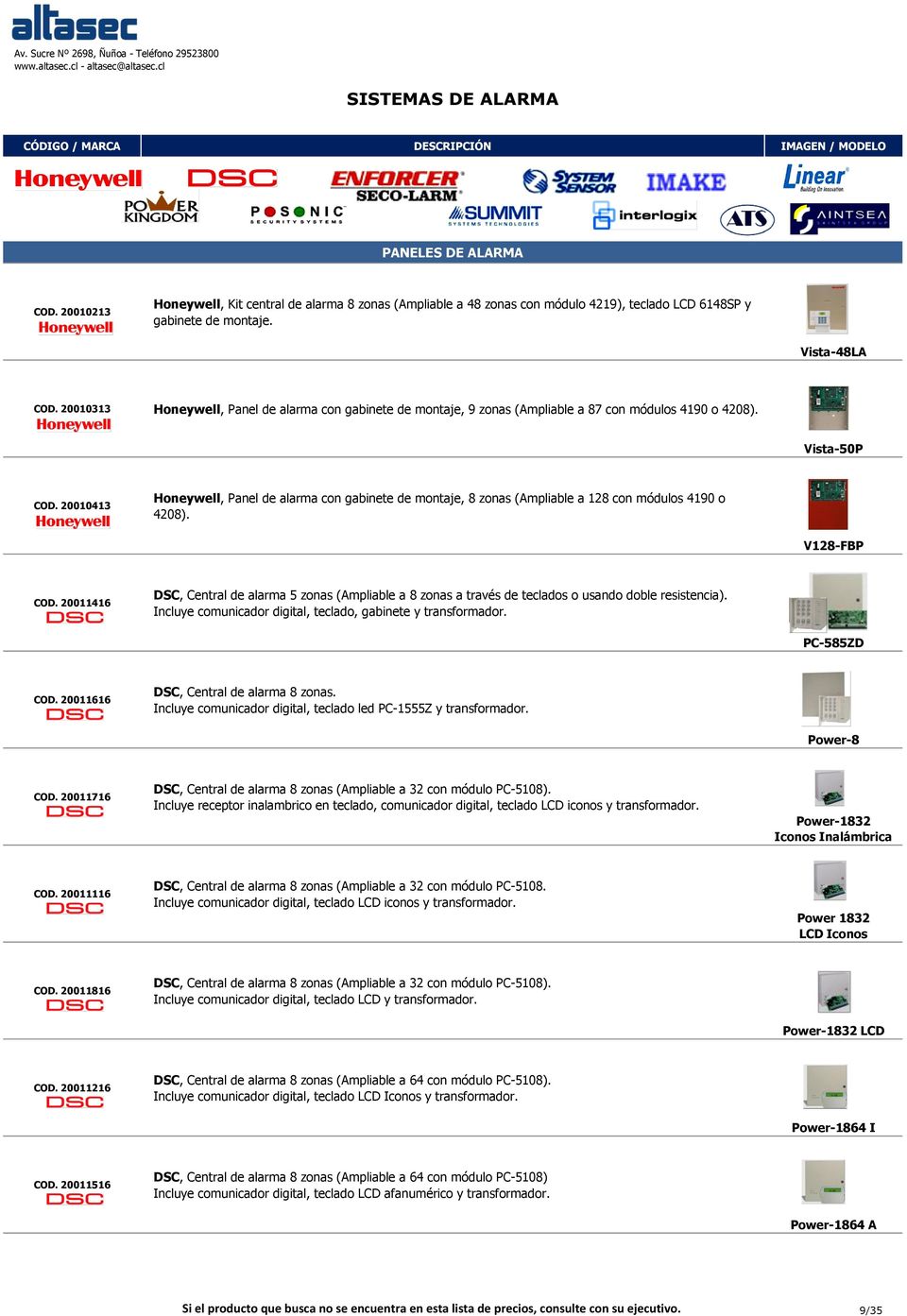 20010413 Honeywell, Panel de alarma con gabinete de montaje, 8 zonas (Ampliable a 128 con módulos 4190 o 4208). V128-FBP COD.