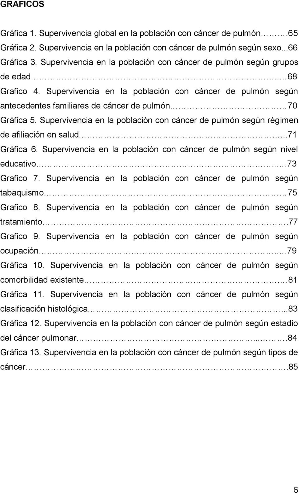 Supervivencia en la población con cáncer de pulmón según antecedentes familiares de cáncer de pulmón 70 Gráfica 5.