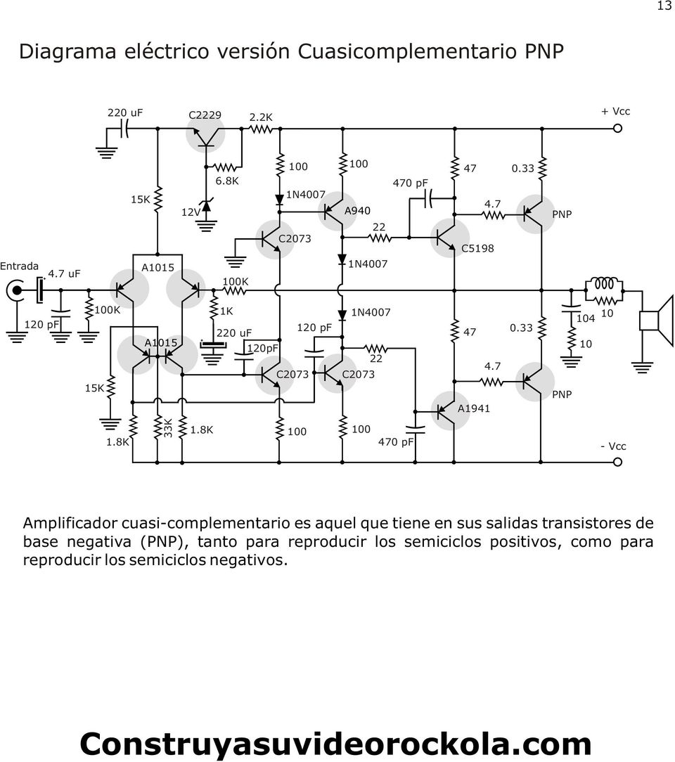 - Vcc Amplificador cuasi-complementario es aquel que tiene en sus salidas transistores de base
