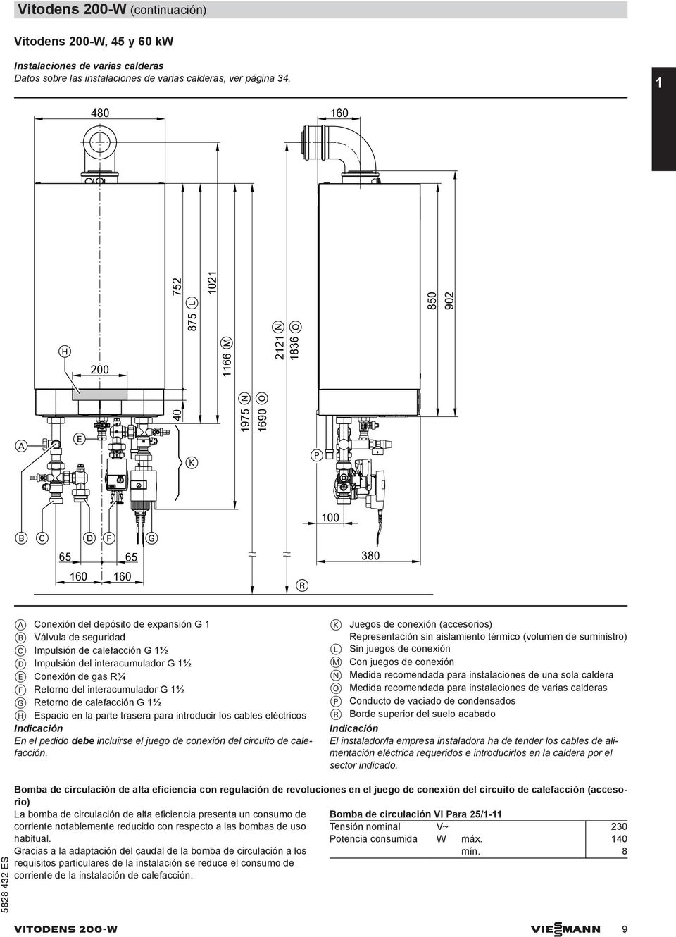 calefacción G 1½ D Impulsión del interacumulador G 1½ E Conexión de gas R¾ F Retorno del interacumulador G 1½ G Retorno de calefacción G 1½ H Espacio en la parte trasera para introducir los cables