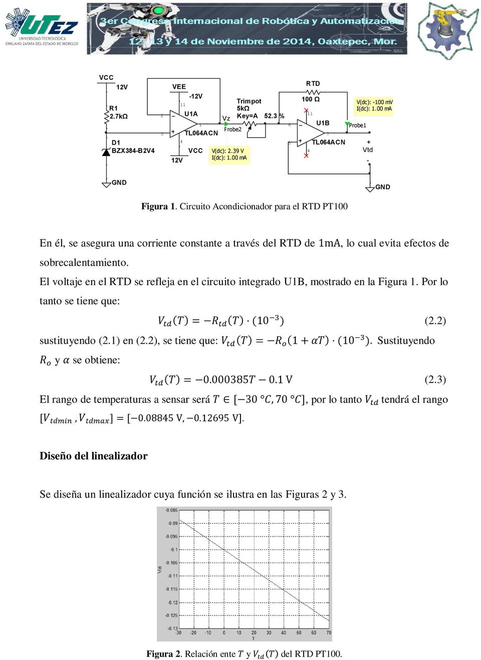El voltaje en el RTD se refleja en el circuito integrado U1B, mostrado en la Figura 1. Por lo tanto se tiene que: ( ) ( ) ( ) (2.2) sustituyendo (2.1) en (2.