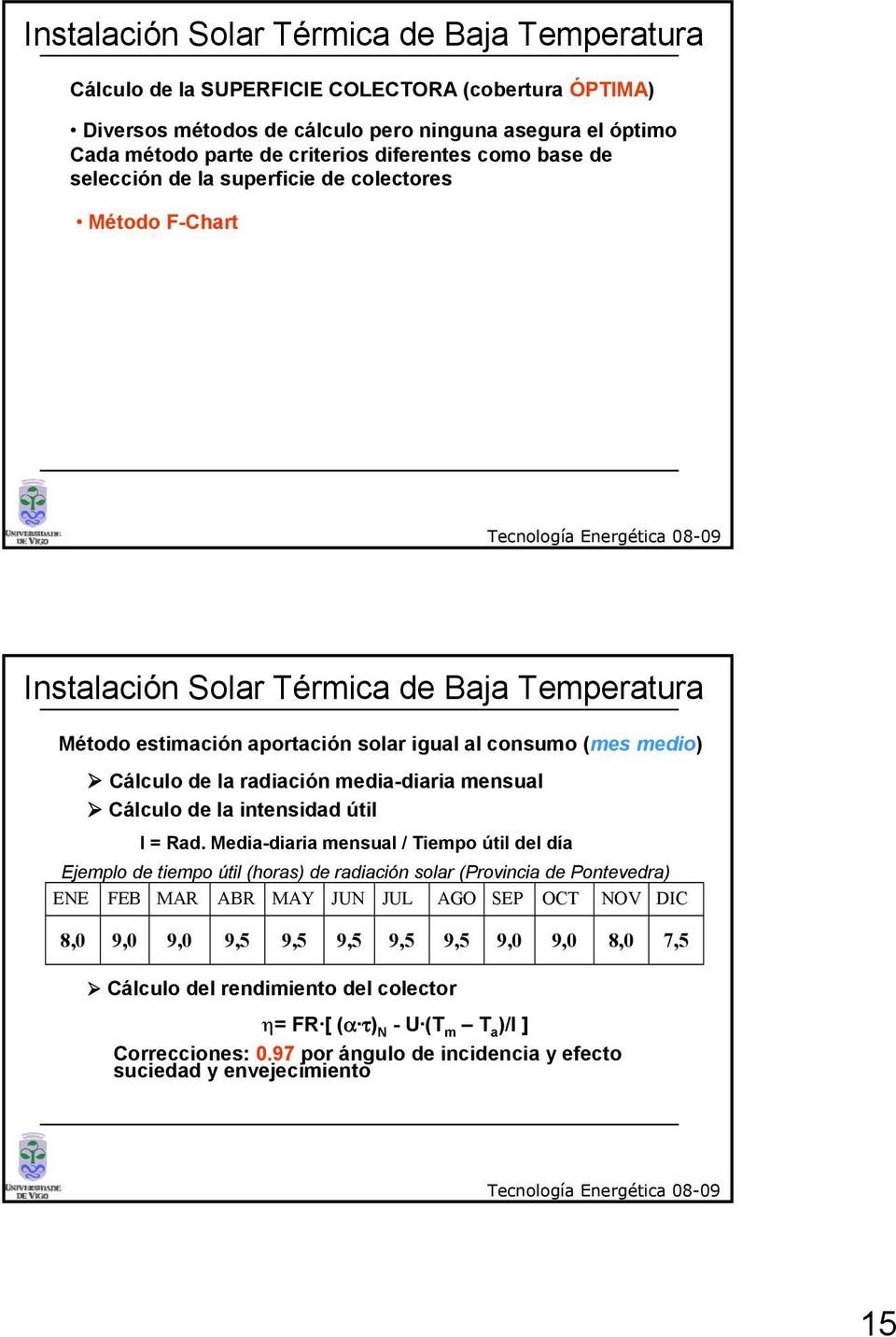Rad. Media-diaria mensual / Tiempo útil del día Ejemplo de tiempo útil (horas) de radiación solar (Provincia de Pontevedra) ENE FEB MAR ABR MAY JUN JUL AGO SEP OCT NOV DIC 8,0 9,0 9,0