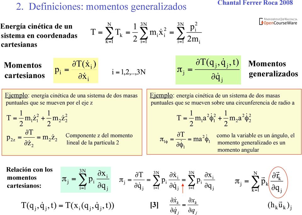 cinética de un sistema de dos masas puntuales que se mueven sobre una circunferencia de radio a Componente z del momento lineal