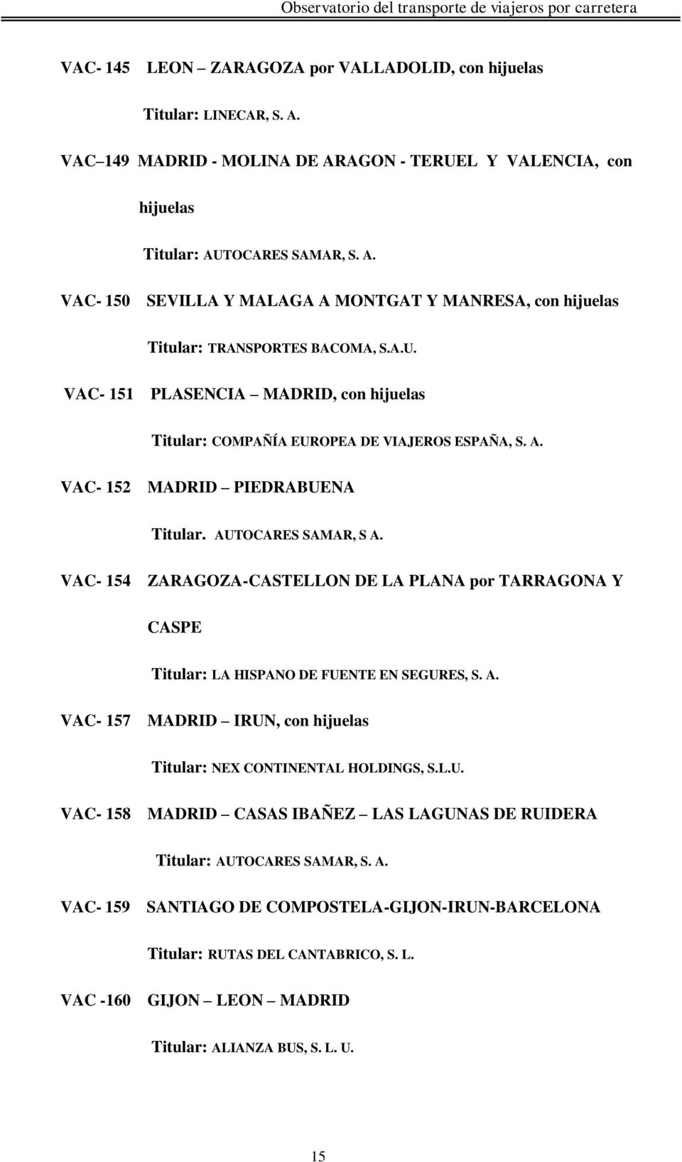 VAC- 154 ZARAGOZA-CASTELLON DE LA PLANA por TARRAGONA Y CASPE Titular: LA HISPANO DE FUENTE EN SEGURES, S. A. VAC- 157 MADRID IRUN, con hijuelas Titular: NEX CONTINENTAL HOLDINGS, S.L.U. VAC- 158 MADRID CASAS IBAÑEZ LAS LAGUNAS DE RUIDERA Titular: AUTOCARES SAMAR, S.