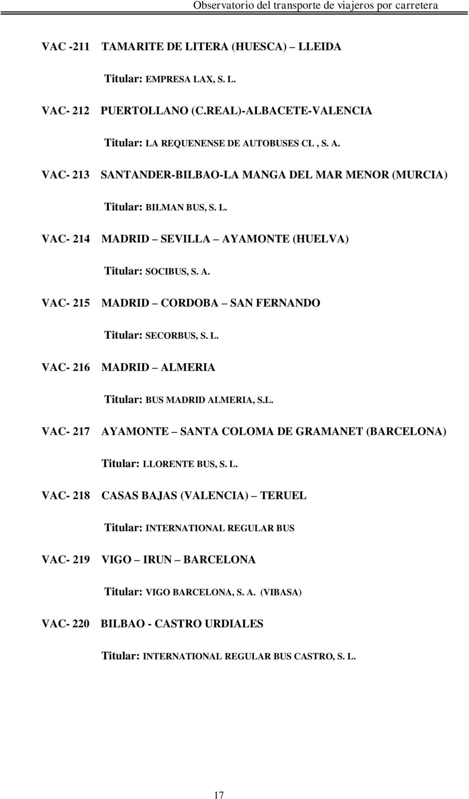 L. VAC- 216 MADRID ALMERIA Titular: BUS MADRID ALMERIA, S.L. VAC- 217 AYAMONTE SANTA COLOMA DE GRAMANET (BARCELONA) Titular: LL
