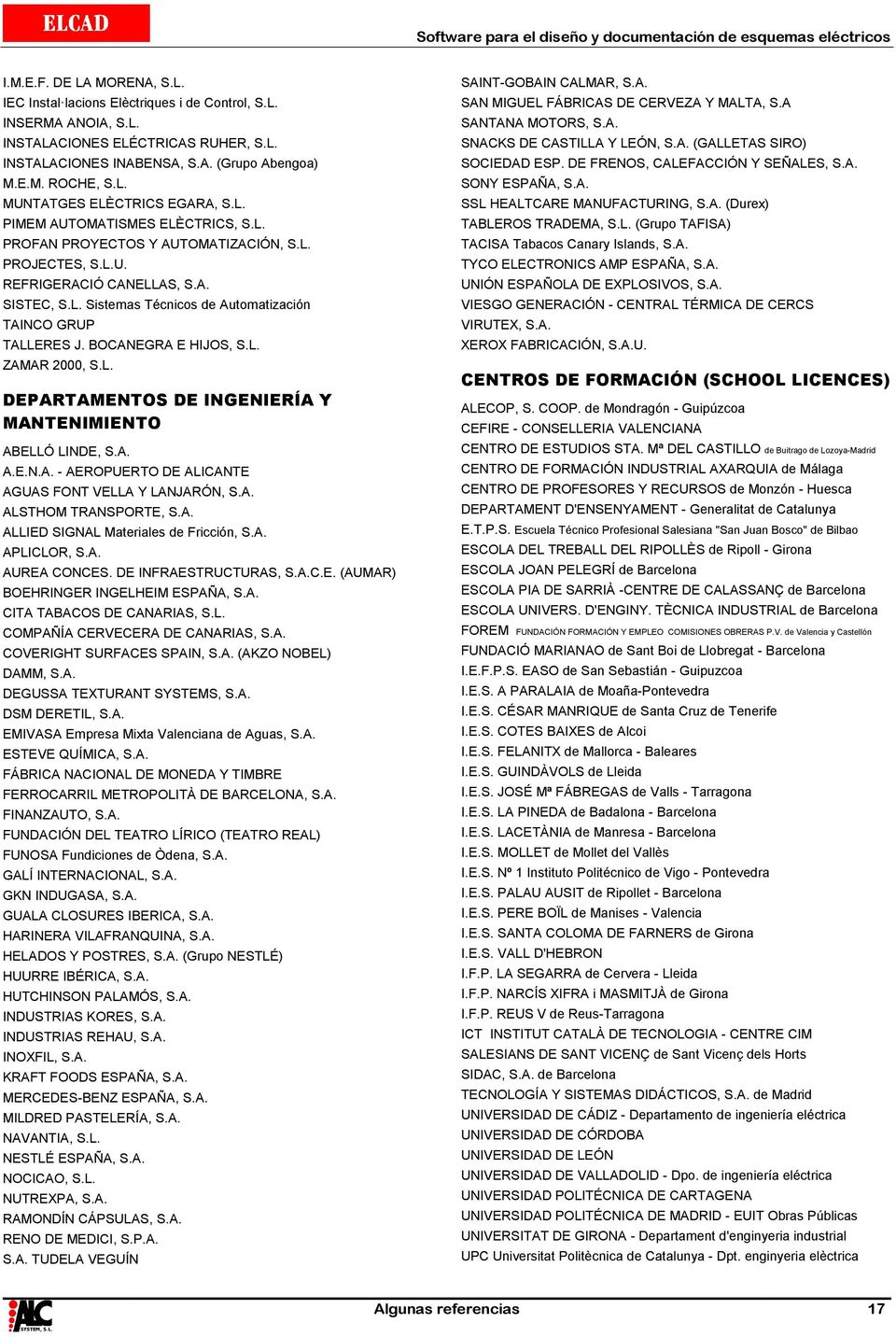 BOCANEGRA E HIJOS, S.L. ZAMAR 2000, S.L. DEPARTAMENTOS DE INGENIERÍA Y MANTENIMIENTO ABELLÓ LINDE, S.A. A.E.N.A. - AEROPUERTO DE ALICANTE AGUAS FONT VELLA Y LANJARÓN, S.A. ALSTHOM TRANSPORTE, S.A. ALLIED SIGNAL Materiales de Fricción, S.