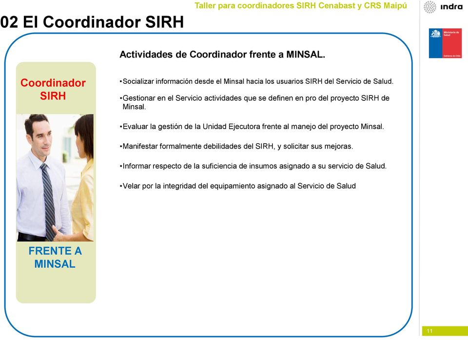 Gestionar en el Servicio actividades que se definen en pro del proyecto SIRH de Minsal.