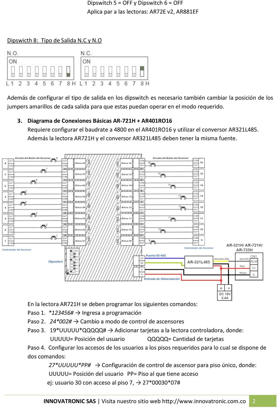 requerido. 3. Diagrama de Conexiones Básicas AR-721H + AR401RO16 Requiere configurar el baudrate a 4800 en el AR401RO16 y utilizar el conversor AR321L485.