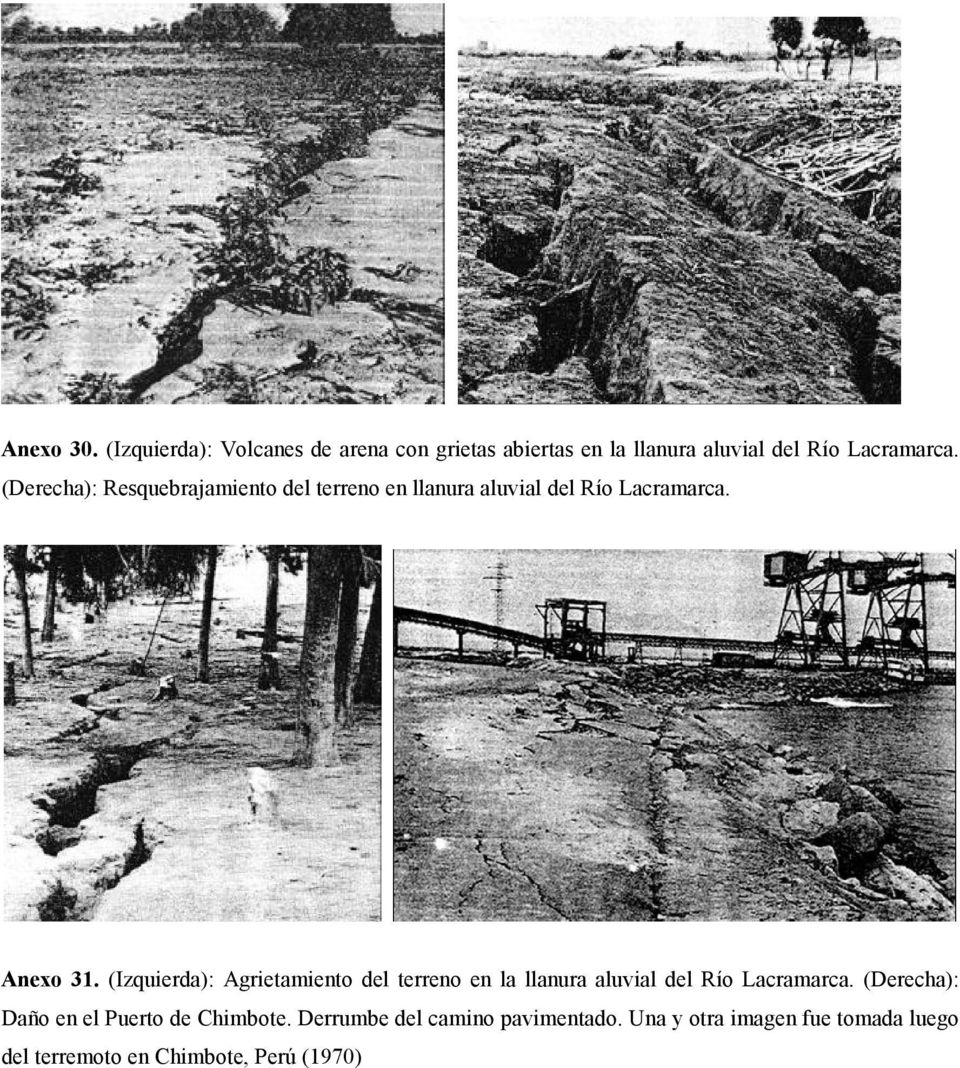 (Izquierda): Agrietamiento del terreno en la llanura aluvial del Río Lacramarca.
