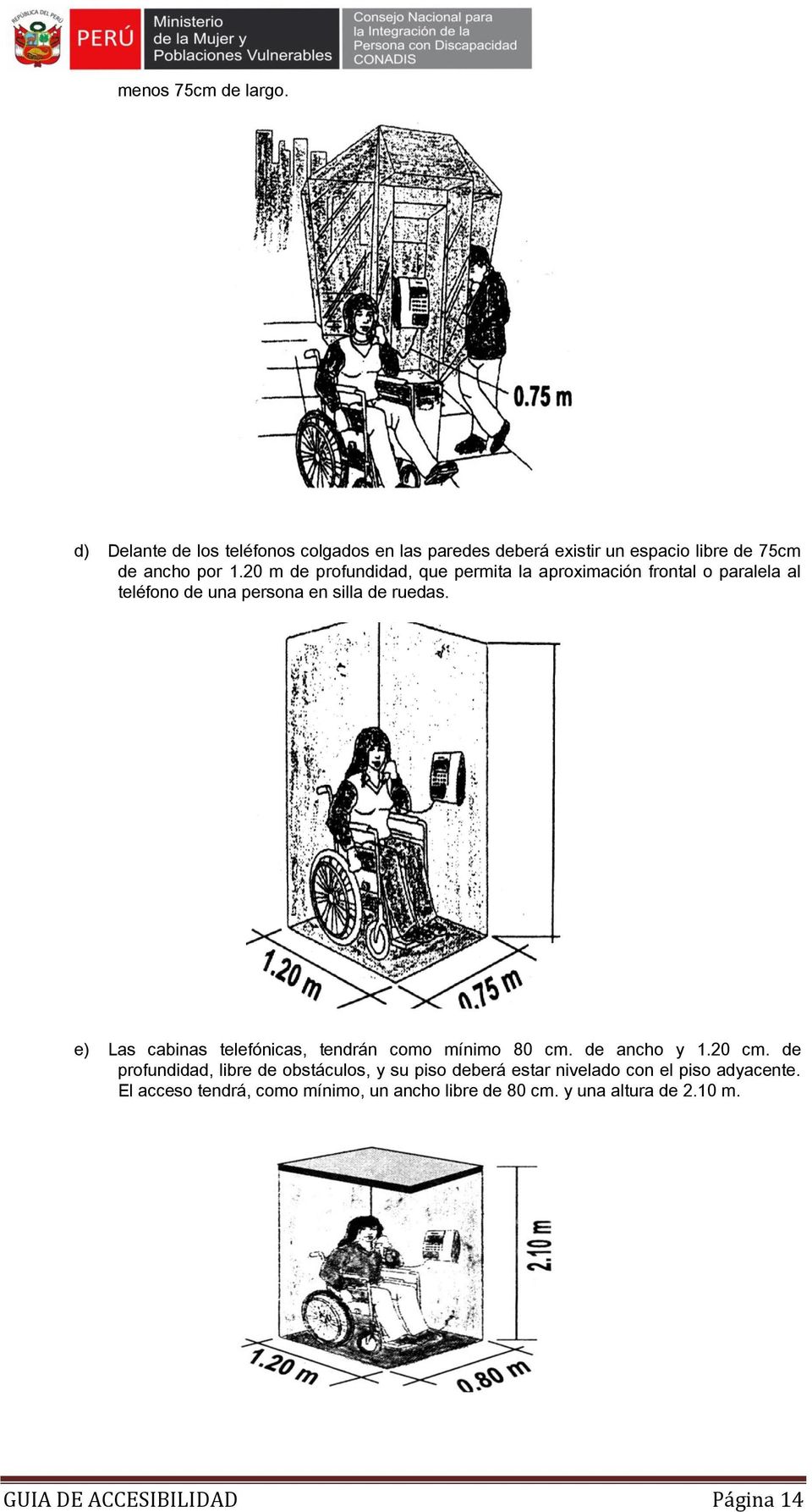 20 m de profundidad, que permita la aproximación frontal o paralela al teléfono de una persona en silla de ruedas.