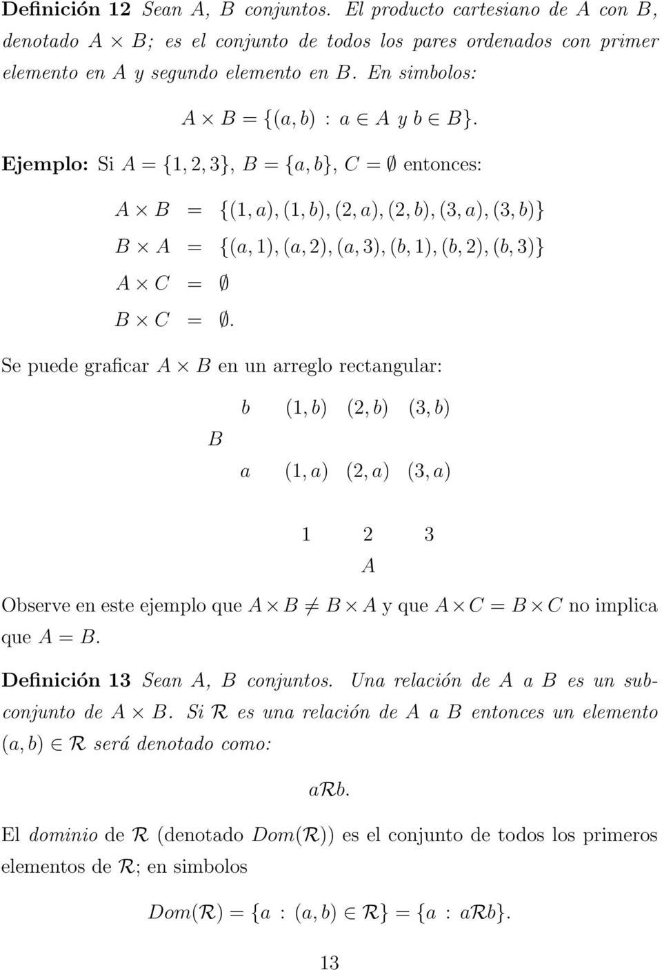 Ejemplo: Si A = {1, 2, 3}, B = {a, b}, C = entonces: A B = {(1, a), (1, b), (2, a), (2, b), (3, a), (3, b)} B A = {(a, 1), (a, 2), (a, 3), (b, 1), (b, 2), (b, 3)} A C = B C =.