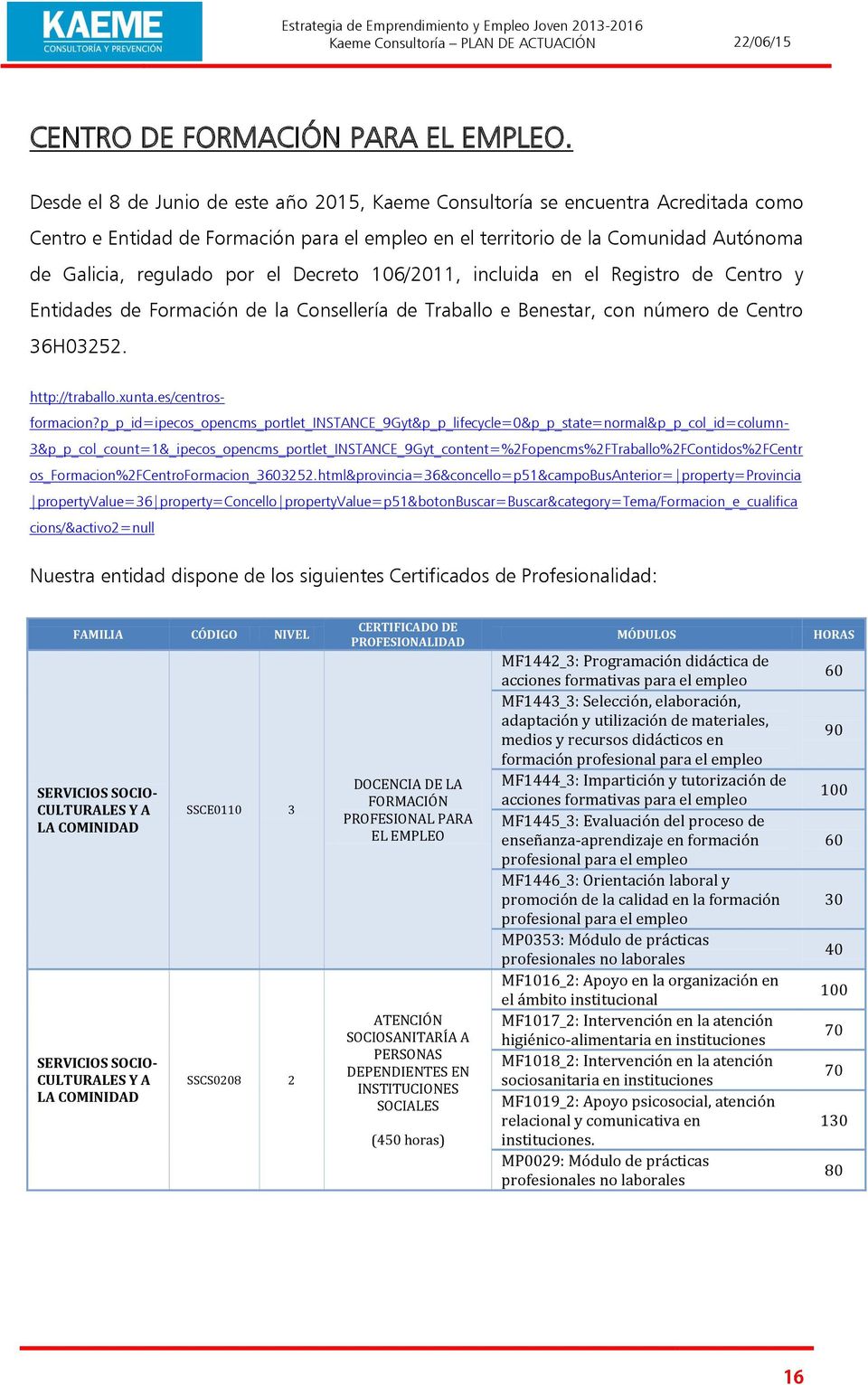 Decreto 106/2011, incluida en el Registro de Centro y Entidades de Formación de la Consellería de Traballo e Benestar, con número de Centro 36H03252. http://traballo.xunta.es/centros- formacion?