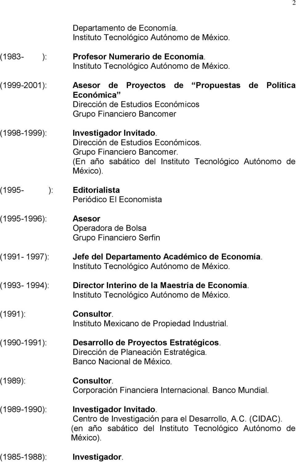 (1995- ): Editorialista Periódico El Economista (1995-1996): Asesor Operadora de Bolsa Grupo Financiero Serfin (1991-1997): Jefe del Departamento Académico de Economía.