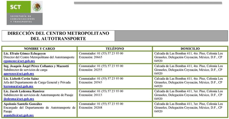gob.mx Apolonio Santelis González Encargado del Departamento de Autotransporte de Pasaje asantelis@sct.gob.mx Conmutador: 01 (55) 57 23 93 00 Extensión: 20665 Conmutador: 01 (55) 57 23 93 00