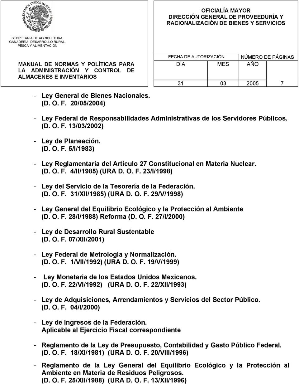 O. F. 28/I/1988) Reforma (D. O. F. 27/I/2000) - Ley de Desarrollo Rural Sustentable (D. O. F. 07/XII/2001) - Ley Federal de Metrología y Normalización. (D. O. F. 1/VII/1992) (URA D. O. F. 19/V/1999) - Ley Monetaria de los Estados Unidos Mexicanos.
