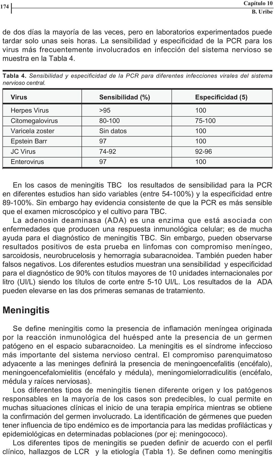 Tabla 4. Sensibilidad y especificidad de la PCR para diferentes infecciones virales del sistema nervioso central.
