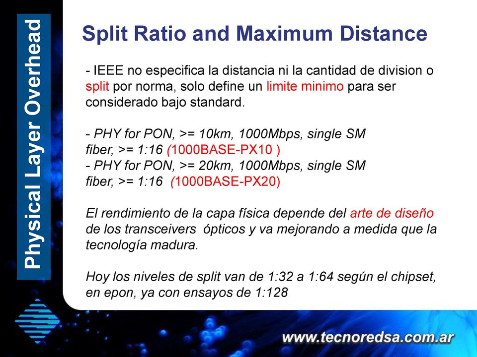 - PHY for PON, >= 10km, 1000Mbps, single SM fiber, >= 1:16 (1000BASE-PX10 ) - PHY for PON, >= 20km, 1000Mbps, single SM fiber, >= 1:16
