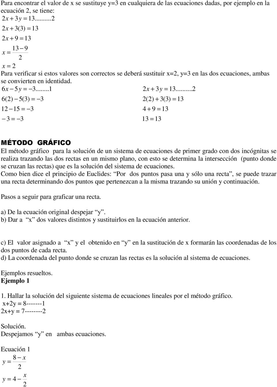 .. 6() 5() = () + () = 1 1 15 = 4 + 9 = 1 = 1 = 1 MÉTODO GRÁFICO El método gráfico para la solución de un sistema de ecuaciones de primer grado con dos incógnitas se realiza trazando las dos rectas