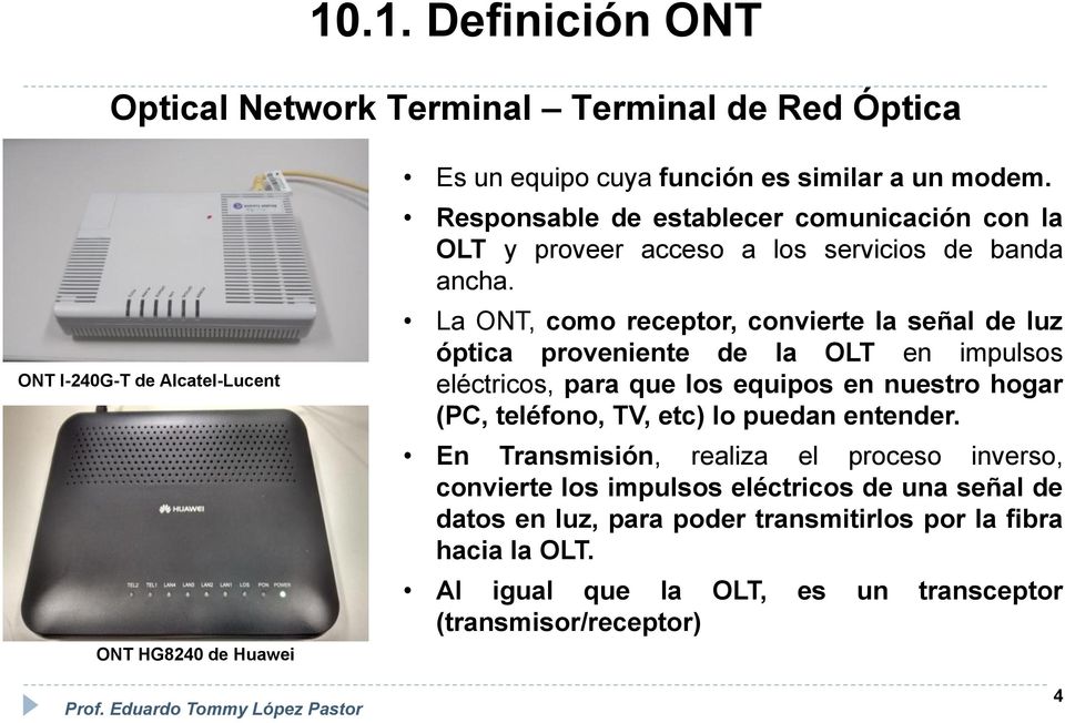 La ONT, como receptor, convierte la señal de luz óptica proveniente de la OLT en impulsos eléctricos, para que los equipos en nuestro hogar (PC, teléfono, TV, etc) lo