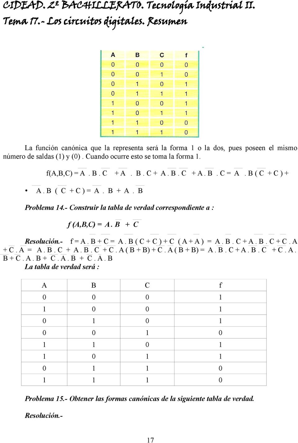 - Construir la tabla de verdad correspondiente a : f (A,B,C) = A. B + C Resolución.- f = A. B + C = A. B ( C + C ) + C ( A + A ) = A. B. C + A. B. C + C. A + C. A = A.