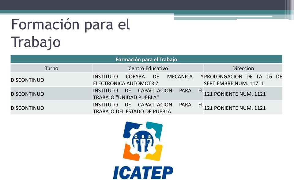 11711 DISCONTINUO INSTITUTO DE CAPACITACION PARA EL 121 PONIENTE NUM.