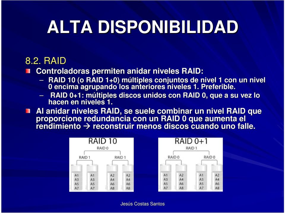 RAID 0+1: múltiples m discos unidos con RAID 0, que a su vez lo hacen en niveles 1.