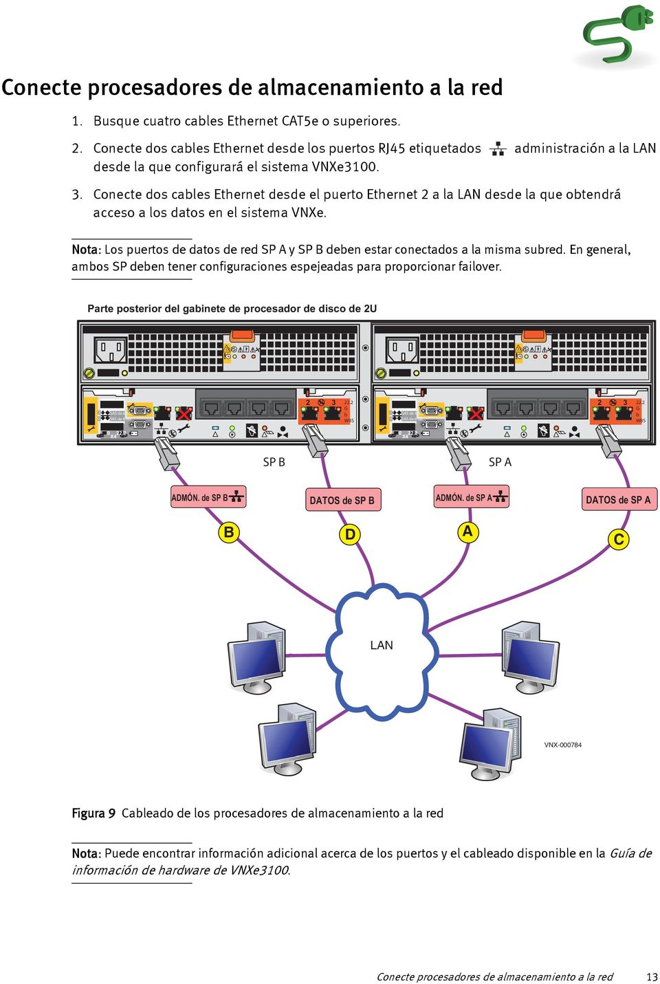 Conecte dos cables Ethernet desde el puerto Ethernet 2 a la LAN desde la que obtendrá acceso a los datos en el sistema VNXe.
