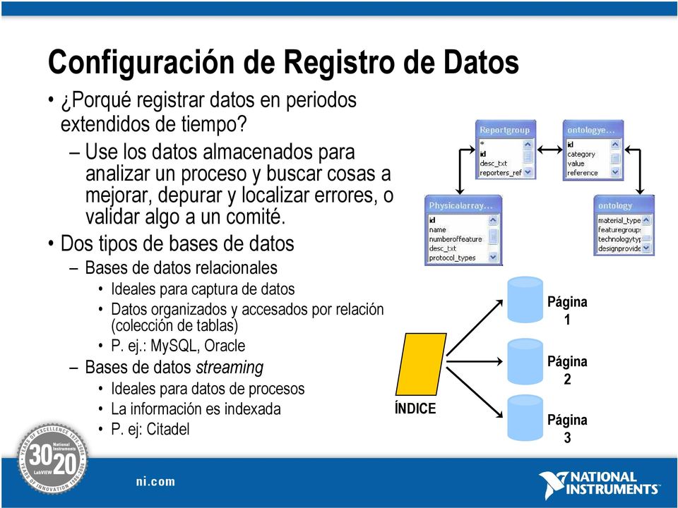 Dos tipos de bases de datos Bases de datos relacionales Ideales para captura de datos Datos organizados y accesados por relación