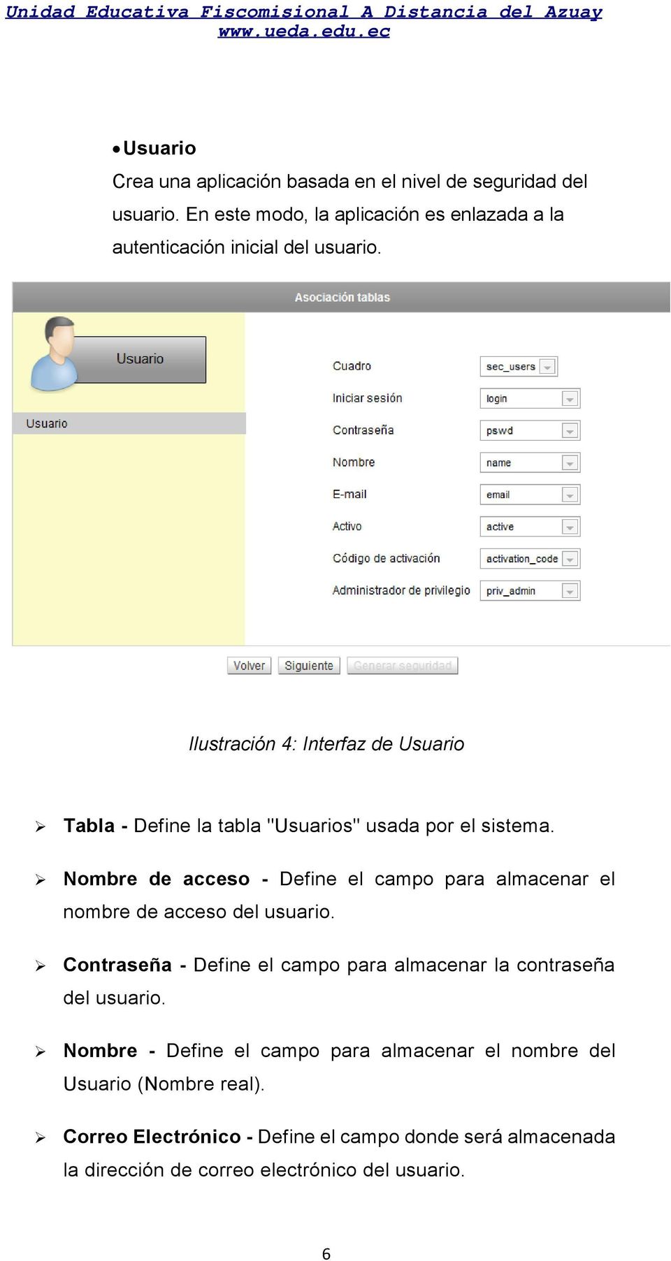 Ilustración 4: Interfaz de Usuario Tabla - Define la tabla "Usuarios" usada por el sistema.