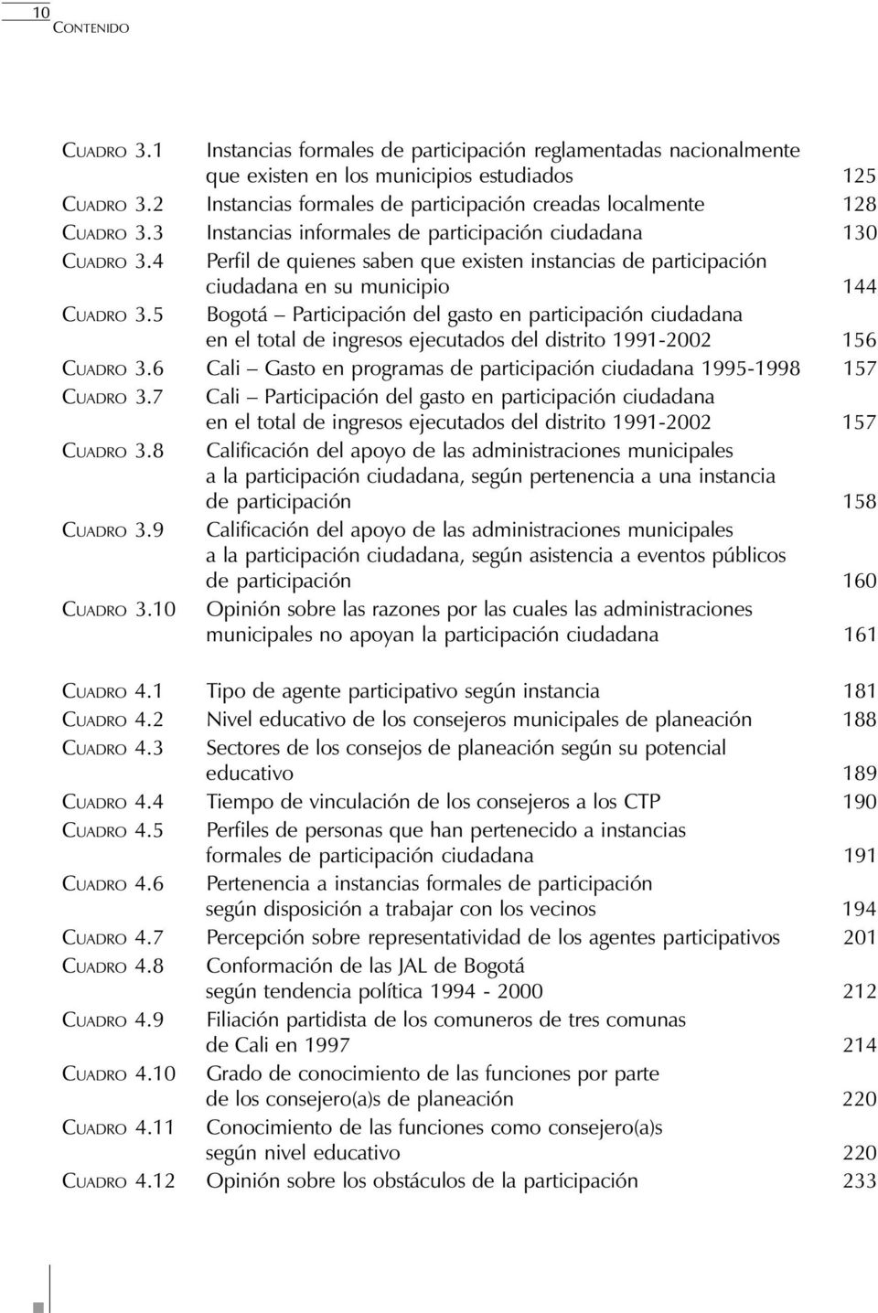5 Bogotá Participació del gasto e participació ciudadaa e el total de igresos ejecutados del distrito 1991-2002 156 CUADRO 3.6 Cali Gasto e programas de participació ciudadaa 1995-1998 157 CUADRO 3.