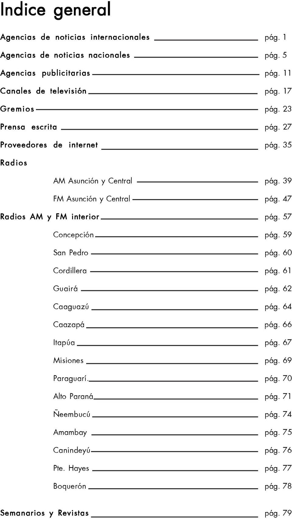 47 Radios AM y FM interior pág. 57 Concepción pág. 59 San Pedro pág. 60 Cordillera pág. 61 Guairá pág. 62 Caaguazú pág. 64 Caazapá pág. 66 Itapúa pág.