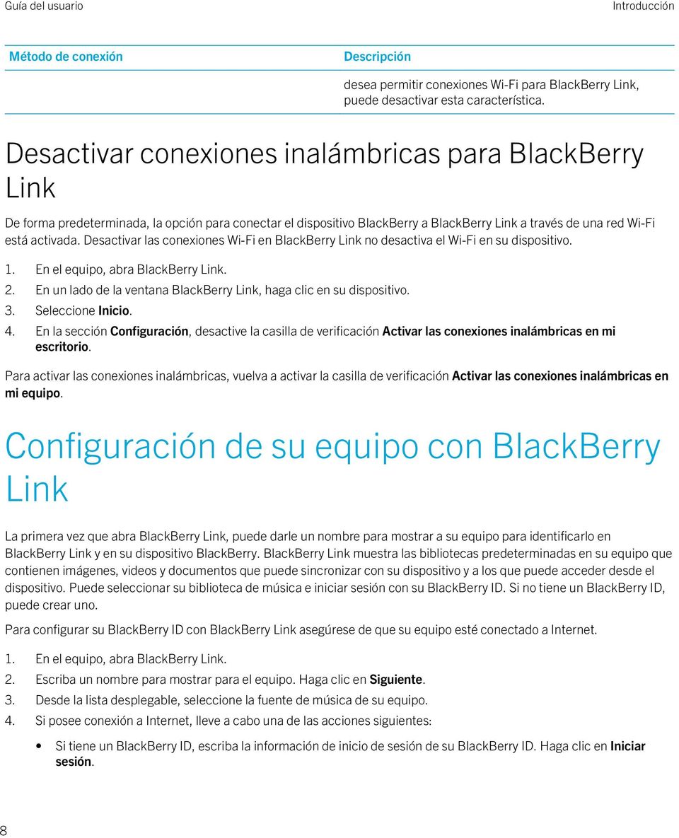 Desactivar las conexiones Wi-Fi en BlackBerry Link no desactiva el Wi-Fi en su dispositivo. 2. En un lado de la ventana BlackBerry Link, haga clic en su dispositivo. 3. Seleccione Inicio. 4.