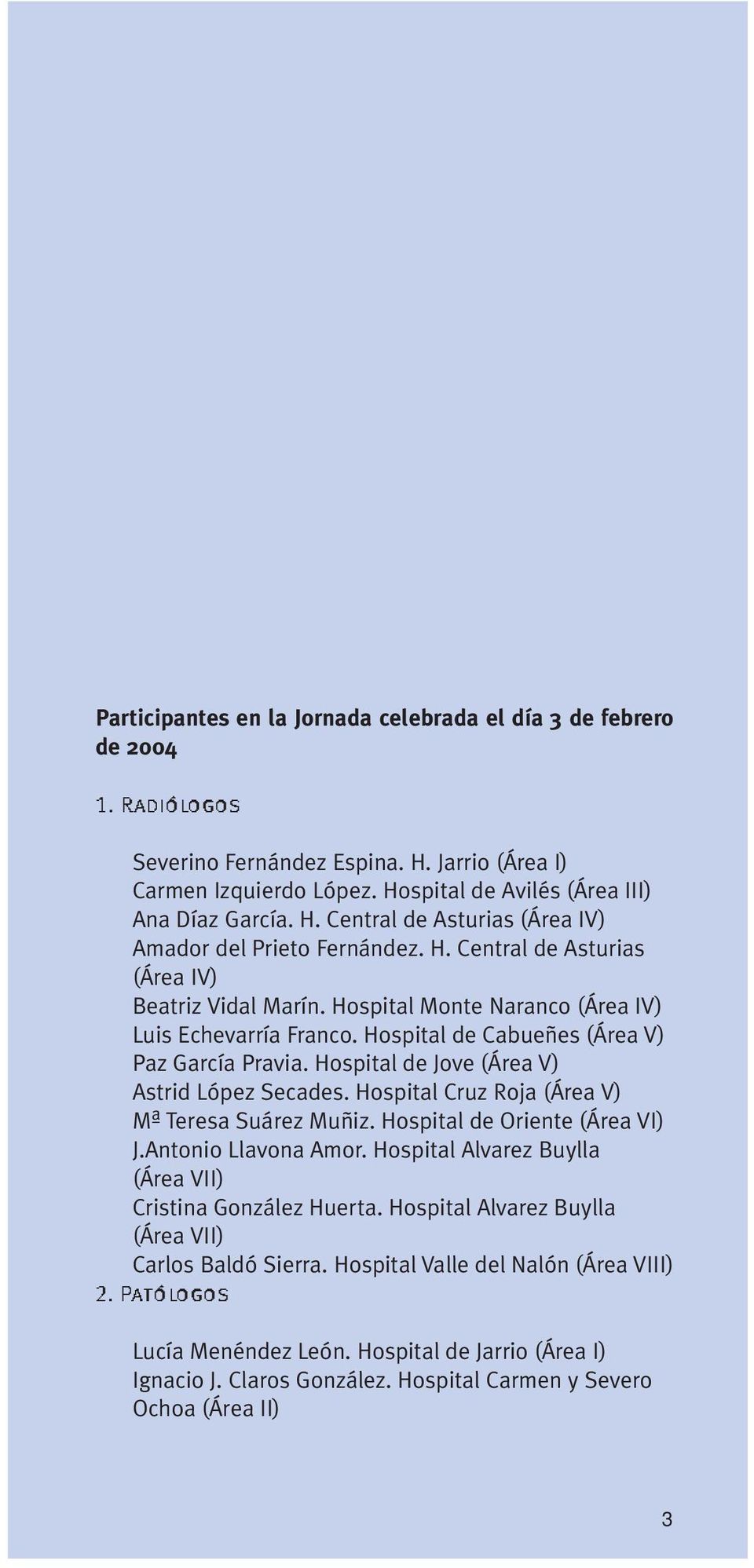 Hospital de Jove (Área V) Astrid López Secades. Hospital Cruz Roja (Área V) Mª Teresa Suárez Muñiz. Hospital de Oriente (Área VI) J.Antonio Llavona Amor.