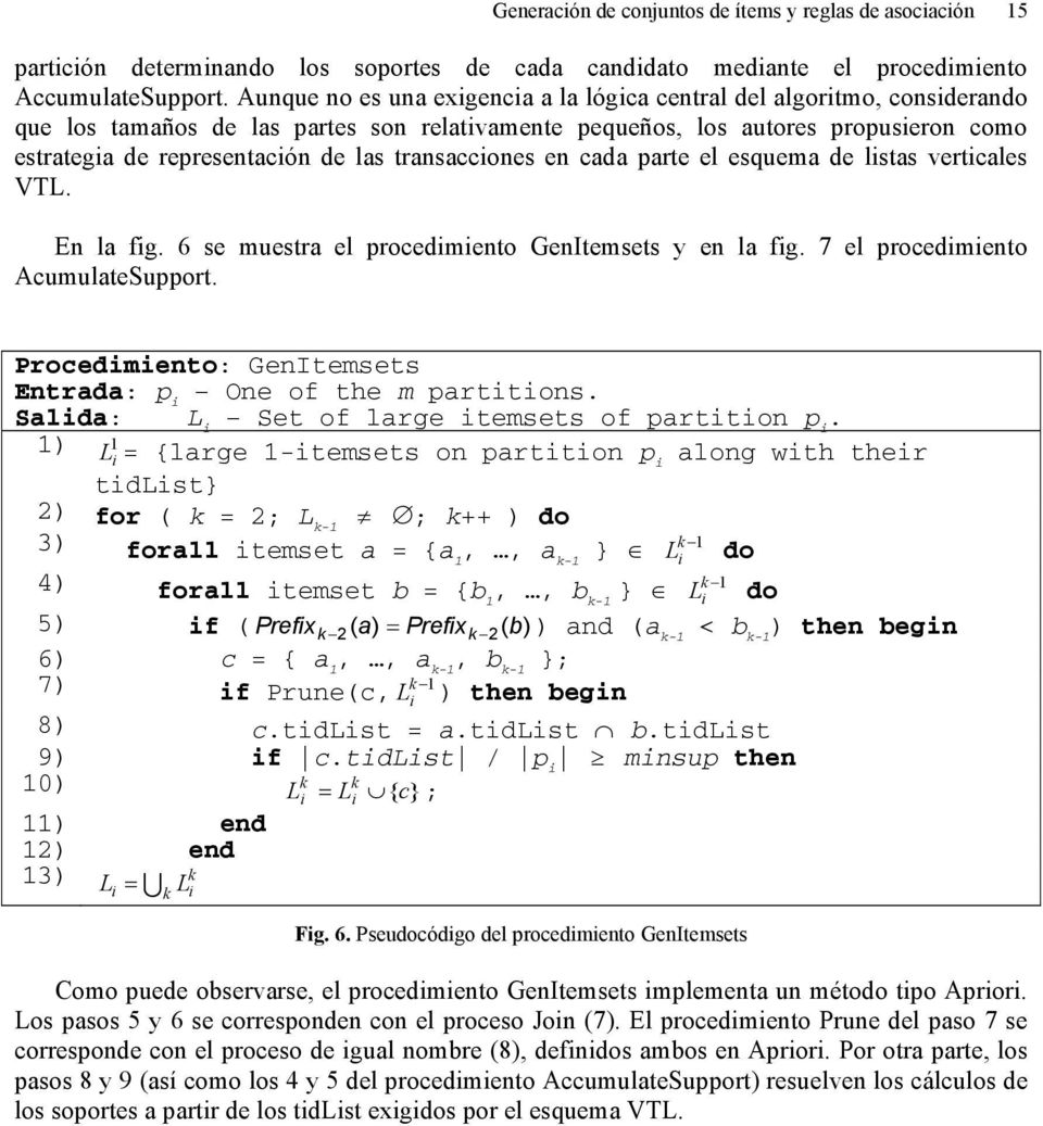 transacciones en cada parte el esquema de listas verticales VTL. En la fig. 6 se muestra el procedimiento GenItemsets y en la fig. 7 el procedimiento AcumulateSupport.