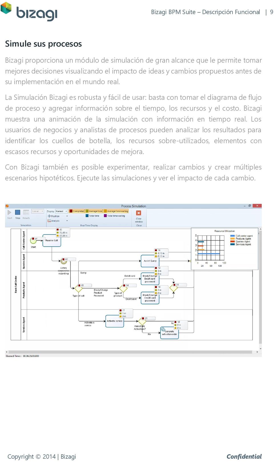 La Simulación Bizagi es robusta y fácil de usar: basta con tomar el diagrama de flujo de proceso y agregar información sobre el tiempo, los recursos y el costo.