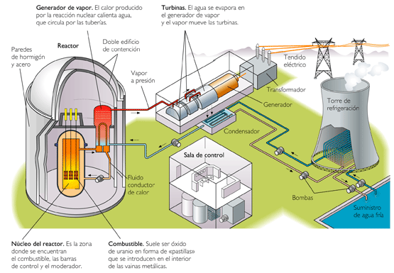 caída de lluvia ácida. 3.2.- CENTRALES TÉRMICAS NUCLEARES REACTOR NUCLEAR DE FISIÓN - Combustible: U- 235 Y U -238 (isótopos). - Barras de control: Sirven para detener la reacción.