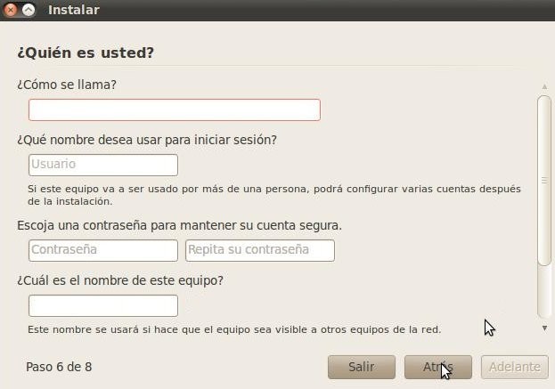 Paso 5: Ingresamos nuestros datos personales. En la opción entrar automáticamente quiere decir que al iniciar Ubuntu no me pedirá el nombre de usuario y contraseña para poder ingresar.