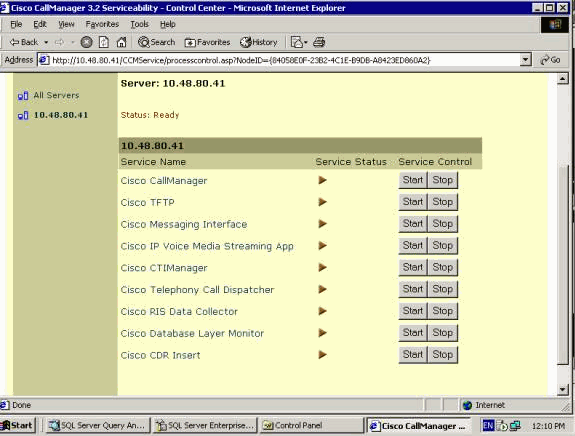 Se abre la página Control Center. 6. Busque el servicio Service Control for the Database Layer Monitor y haga clic en Stop. 7.