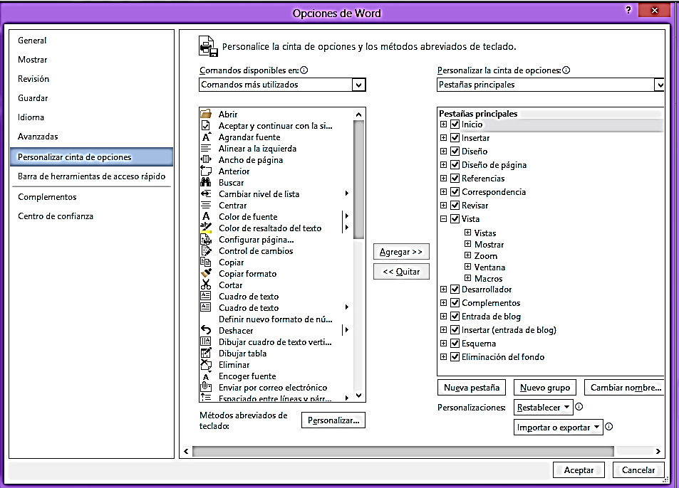 32 En la ficha Barra herramientas de acceso rápido o Personalizar cinta de opciones del cuadro de diálogo Opciones de Word, en la lista Comandos disponibles en, haz clic en Comandos que no estén en