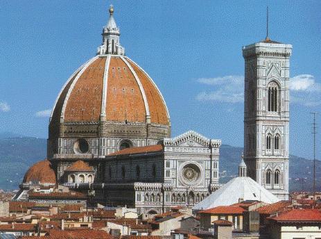 cúpula se encuentra sobre un tambor octogonal, teniendo dimensiones colosales, con lo cual la solución de Brunelleschi es dos cúpulas unidas, una exterior o apuntada y una interior o semiesférica que