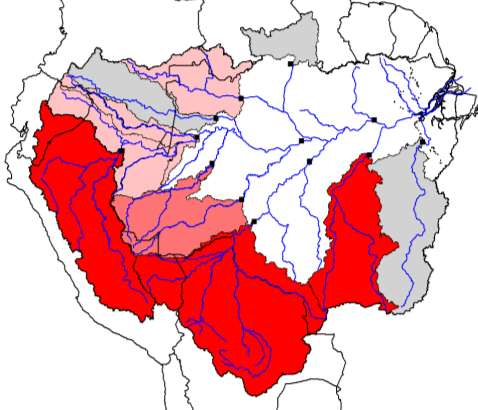 La variabilidad hidrológica plurianual Rojo = Tendencia negativa Disminución de los caudales de estiaje entre 1974 2004.