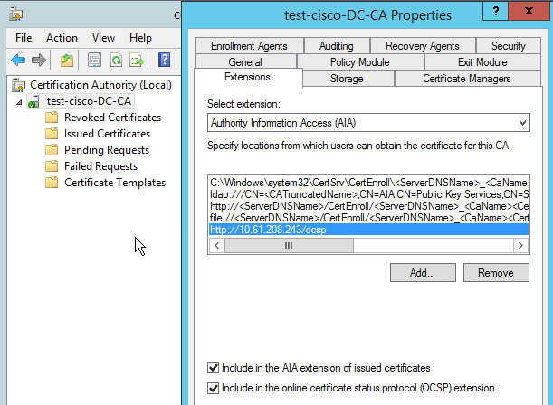 extensión es utilizado por el ASA para conectar con el servidor OCSP cuando se valida un certificado. 2. Abra el cuadro de diálogo Propiedades para el servidor en CA.
