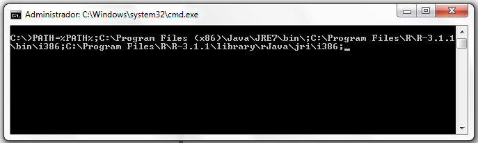 Nos aparecerá la ventana de línea de comandos, y desde esta lanzamos el comando: PATH=%PATH%;C:\Program Files (x86)\java\jre7\bin\;c:\program Files\R\R- 3.