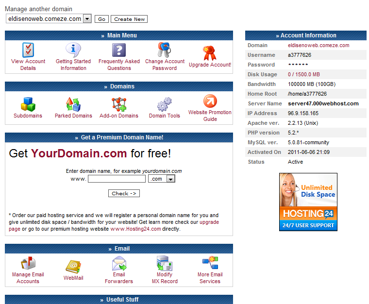 Da clic sobre el enlace List Account. Esto te habilitara tu lista de dominios, da clic sobre el Link Go to CPanel para ingresar en tu manejador de dominio. Aquí aparecen los datos de tu cuenta.